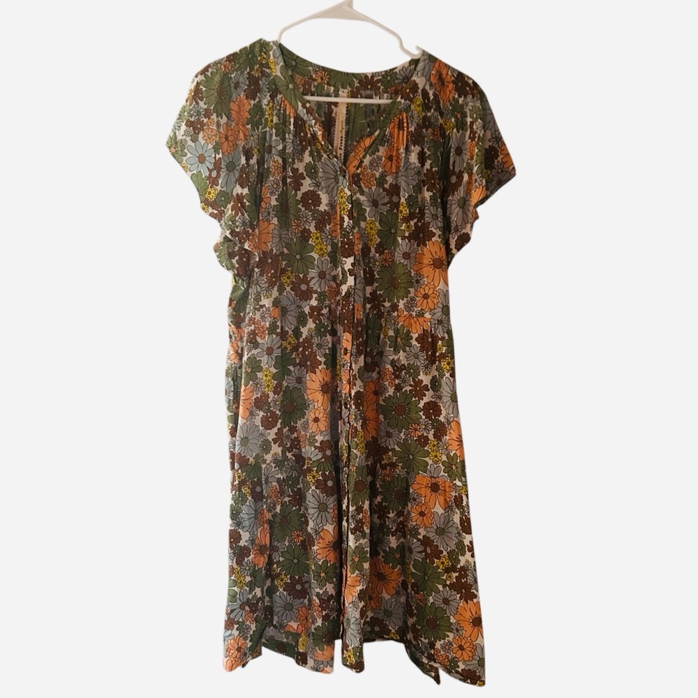 Uncle Frank Floral Tiered Buttons Flutter Sleeve Dress with pockets J12